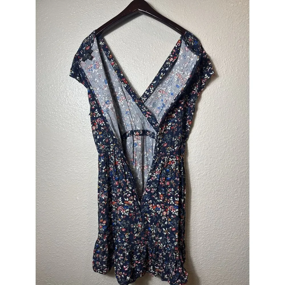 J.Crew Floral Faux Wrap Mini Dress Navy Blue V-Neck Ruffle Hem Size 12